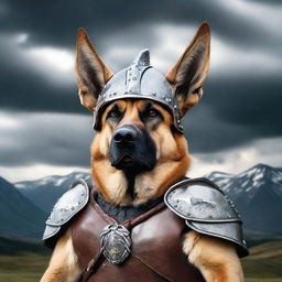 A legendary German Shepherd dressed as a Viking warrior, complete with a horned helmet, battle armor, and a fierce expression