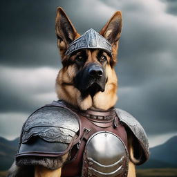 A legendary German Shepherd dressed as a Viking warrior, complete with a horned helmet, battle armor, and a fierce expression