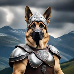 A legendary German Shepherd dressed as a Viking warrior, complete with a horned helmet, battle armor, and a fierce expression