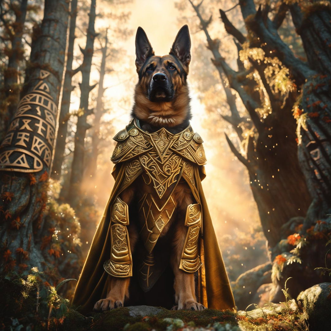 A German Shepherd depicted as a Norse god, adorned with golden armor and a majestic cape, standing in a mystical forest with ancient runes glowing in the background