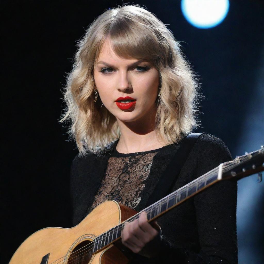 Taylor Swift with her blonde hair, a signature red lipstick, playing a guitar on a brightly lit stage