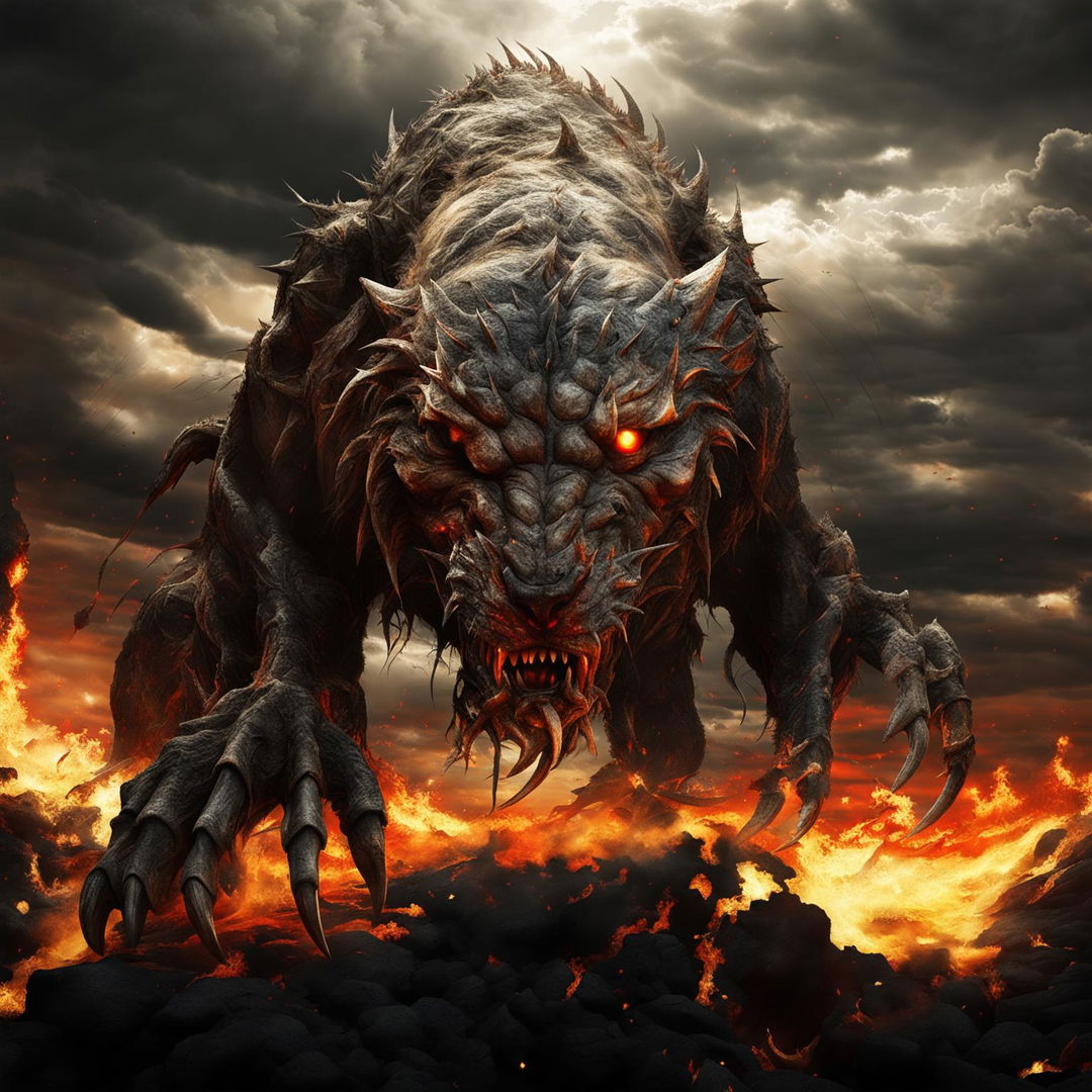 A fearsome hell hound stands in a fiery, infernal landscape with glowing red eyes, sharp teeth, and flames licking at its paws and tail