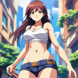 A highly detailed illustration of an anime girl showcasing well-defined abdominals