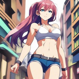 A highly detailed illustration of an anime girl showcasing well-defined abdominals