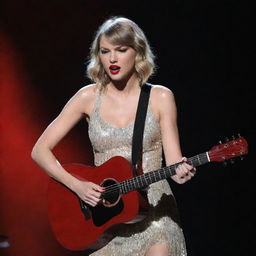 Taylor Swift with her blonde hair, a signature red lipstick, playing a guitar on a brightly lit stage