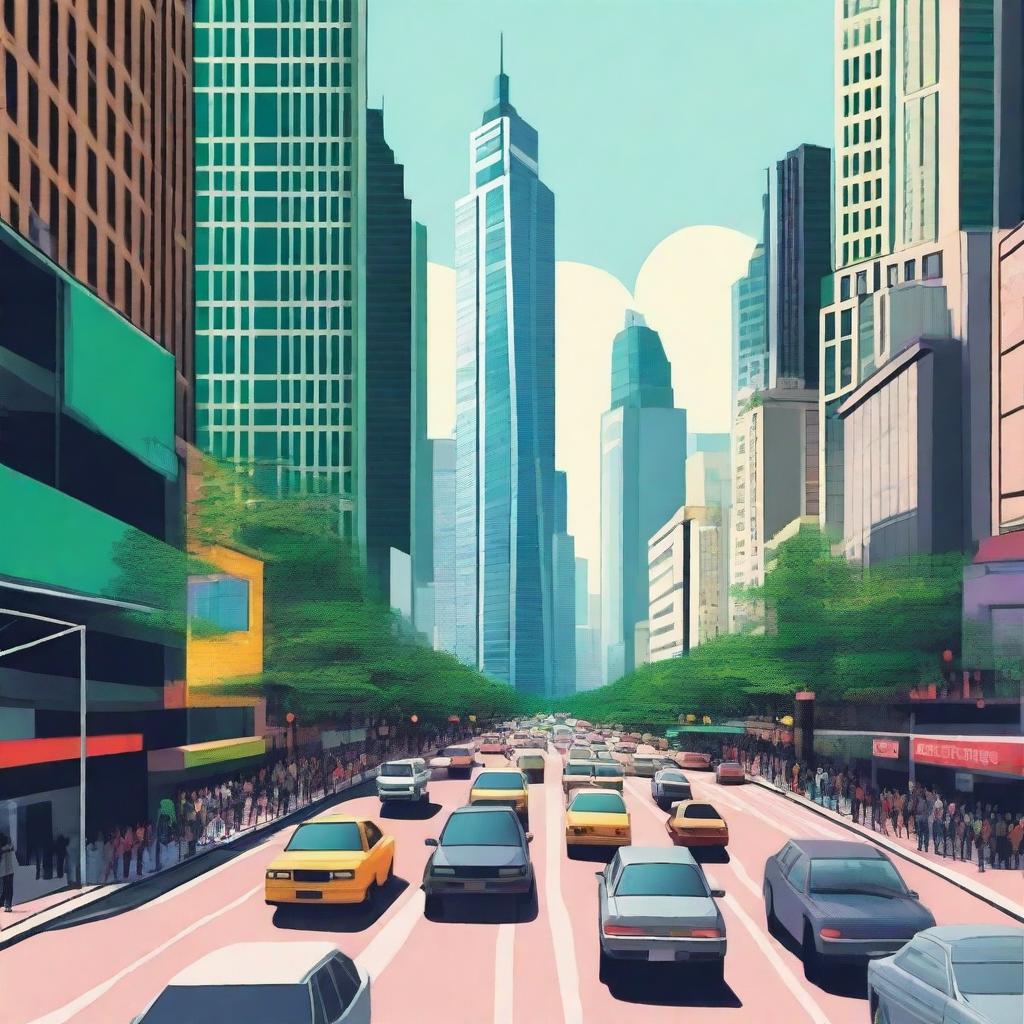 A bustling cityscape featuring a busy road filled with cars and pedestrians