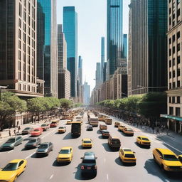 A bustling cityscape featuring a busy road filled with cars and pedestrians