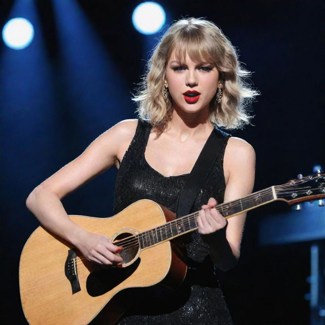 Taylor Swift with her blonde hair, a signature red lipstick, playing a guitar on a brightly lit stage