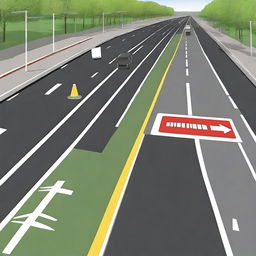 A detailed image of a road with various traffic signs