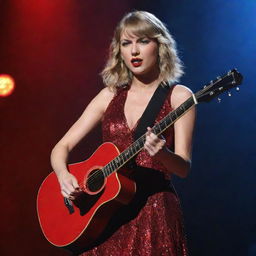 Taylor Swift with her blonde hair, a signature red lipstick, playing a guitar on a brightly lit stage