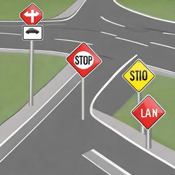 A detailed image of a road with various traffic signs