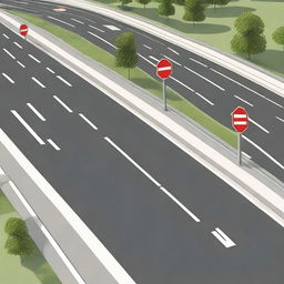 A detailed image of a road with various traffic signs