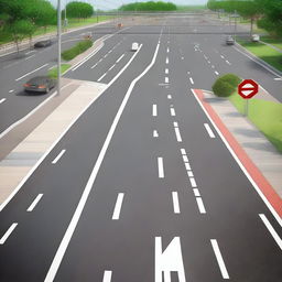 A detailed image of a road with various traffic signs