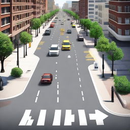 A realistic city street scene featuring various traffic signs and road elements