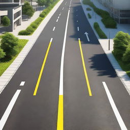 A detailed asphalt road complete with road markings and traffic signs