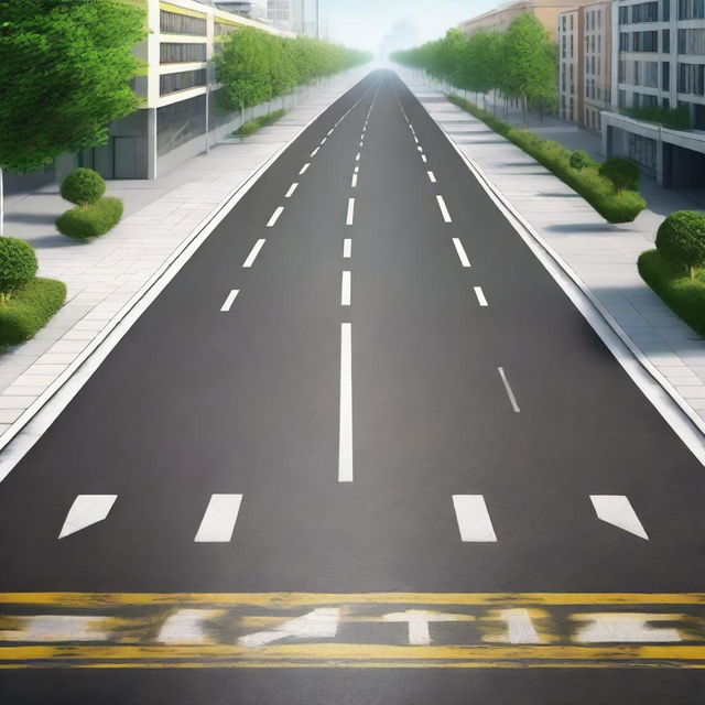 A detailed asphalt road complete with road markings and traffic signs