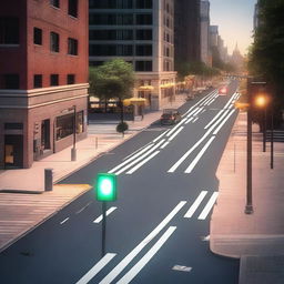 A detailed city street complete with traffic signs, street lights, and traffic signals