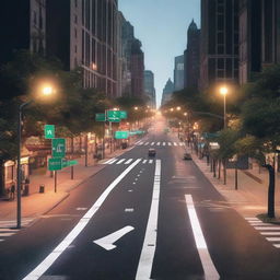 A detailed city street complete with traffic signs, street lights, and traffic signals