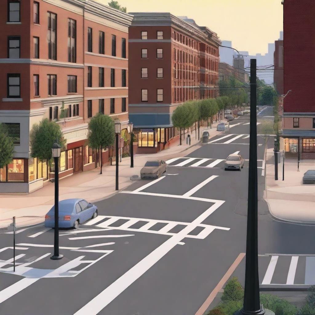 A detailed city street complete with traffic signs, street lights, traffic signals, telephone poles, and sidewalks