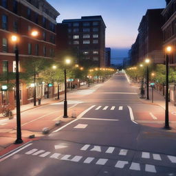 A detailed city street complete with traffic signs, street lights, traffic signals, telephone poles, and sidewalks