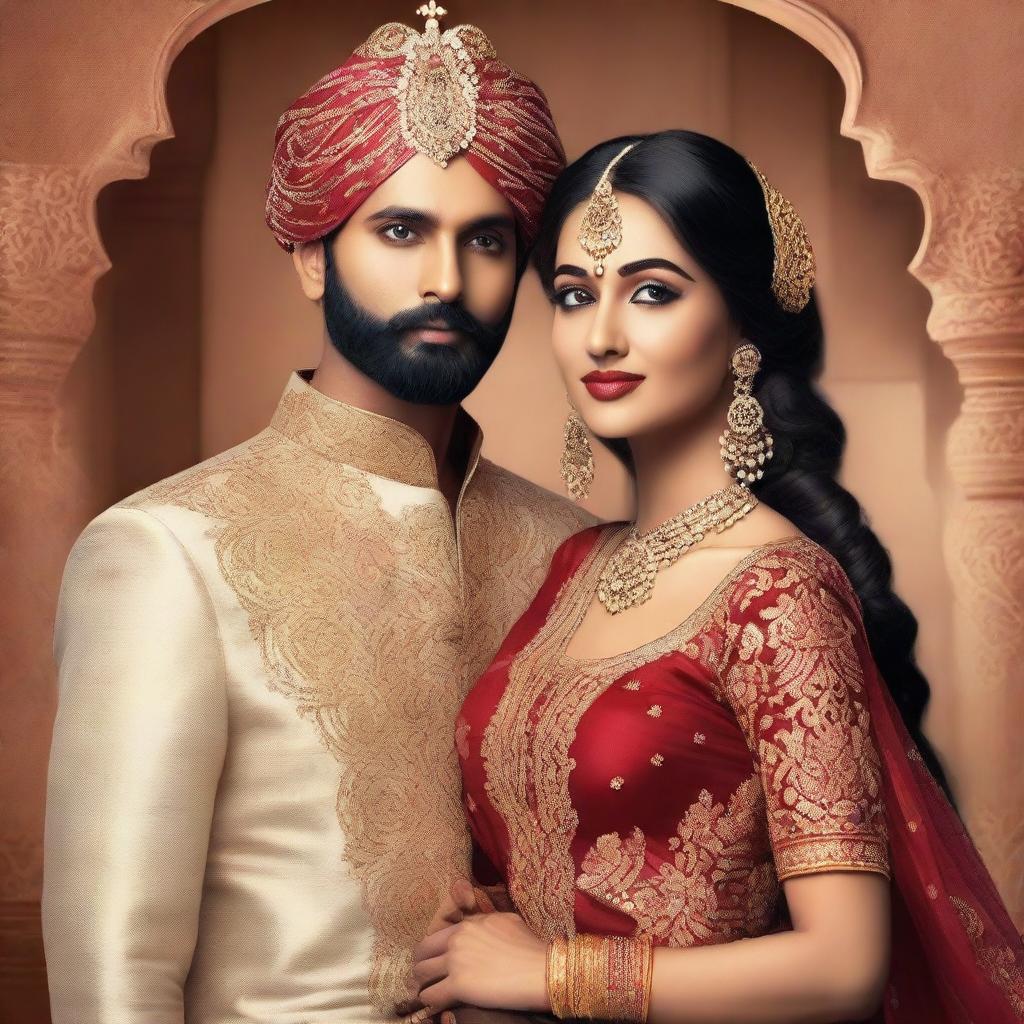 A Wattpad cover featuring an Indian man and woman dressed in traditional wedding attire, looking royal and elegant