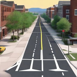 A detailed asphalt road complete with traffic signs, street lights, traffic signals, telephone poles, and sidewalks