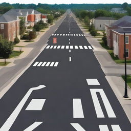 A detailed asphalt road complete with traffic signs, street lights, traffic signals, telephone poles, and sidewalks