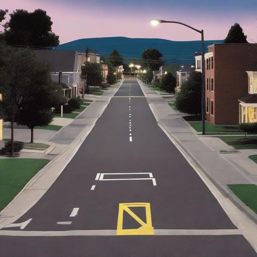 A detailed asphalt road complete with traffic signs, street lights, traffic signals, telephone poles, and sidewalks