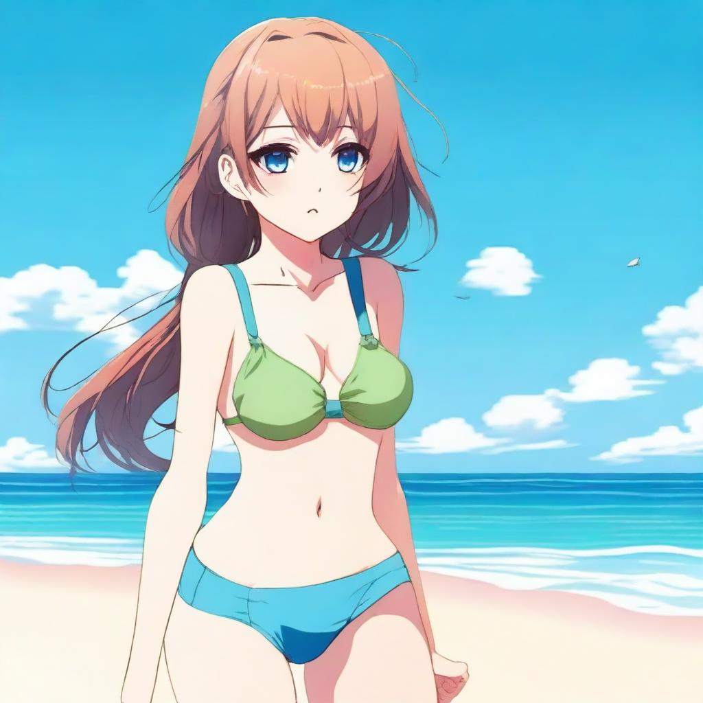 A beautiful anime girl standing in a very small swimsuit, posing confidently