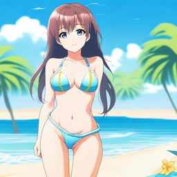 A beautiful anime girl standing in a very small swimsuit, posing confidently