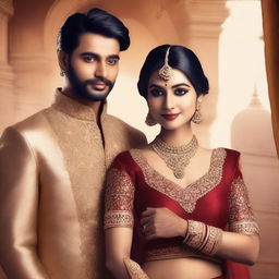 A Wattpad cover featuring an Indian man and woman dressed in traditional wedding attire, looking royal and elegant