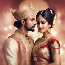 A Wattpad cover featuring an Indian man and woman dressed in traditional wedding attire, looking royal and elegant