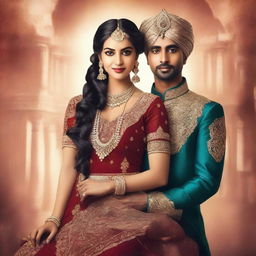 A Wattpad cover featuring an Indian man and woman dressed in traditional wedding attire, looking royal and elegant