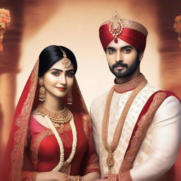 A Wattpad cover featuring an Indian man and woman dressed in traditional wedding attire, looking royal and elegant