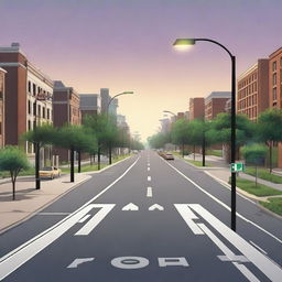 A detailed national road complete with traffic signs, street lights, traffic signals, telephone poles, and sidewalks