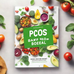 A vibrant ebook mockup for 'Super Delicious Plant Based PCOS Cookbook for Newly Diagnosed'