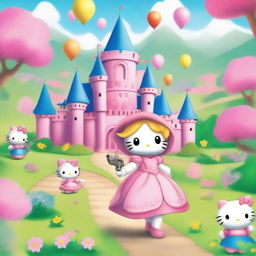 A whimsical scene featuring Princess Hello Kitty holding a frog-shaped gun as she makes her way to a grand castle