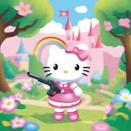 A whimsical scene featuring Princess Hello Kitty holding a frog-shaped gun as she makes her way to a grand castle