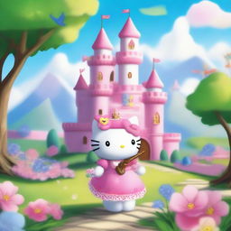 A whimsical scene featuring Princess Hello Kitty holding a frog-shaped gun as she makes her way to a grand castle