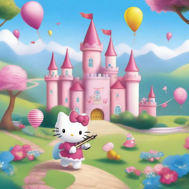 A whimsical scene featuring Princess Hello Kitty holding a frog-shaped gun as she makes her way to a grand castle