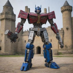 Transformers robots designed in intricate medieval style, complete with armors, castles, and ye olde weaponry.