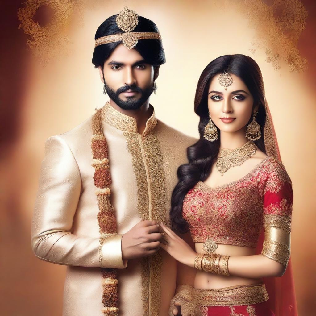 A Wattpad cover featuring an Indian man and woman dressed in traditional wedding attire, looking royal and elegant