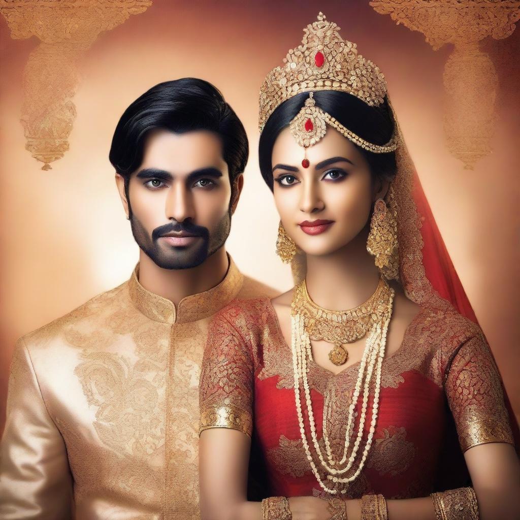 A Wattpad cover featuring an Indian man and woman dressed in traditional wedding attire, looking royal and elegant