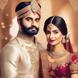 A Wattpad cover featuring an Indian man and woman dressed in traditional wedding attire, looking royal and elegant