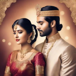 A Wattpad cover featuring an Indian man and woman dressed in traditional wedding attire, looking royal and elegant