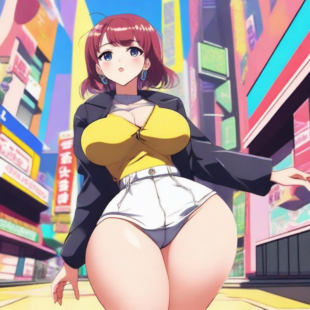 An anime-style girl with exaggeratedly large hips and buttocks, wearing a stylish outfit