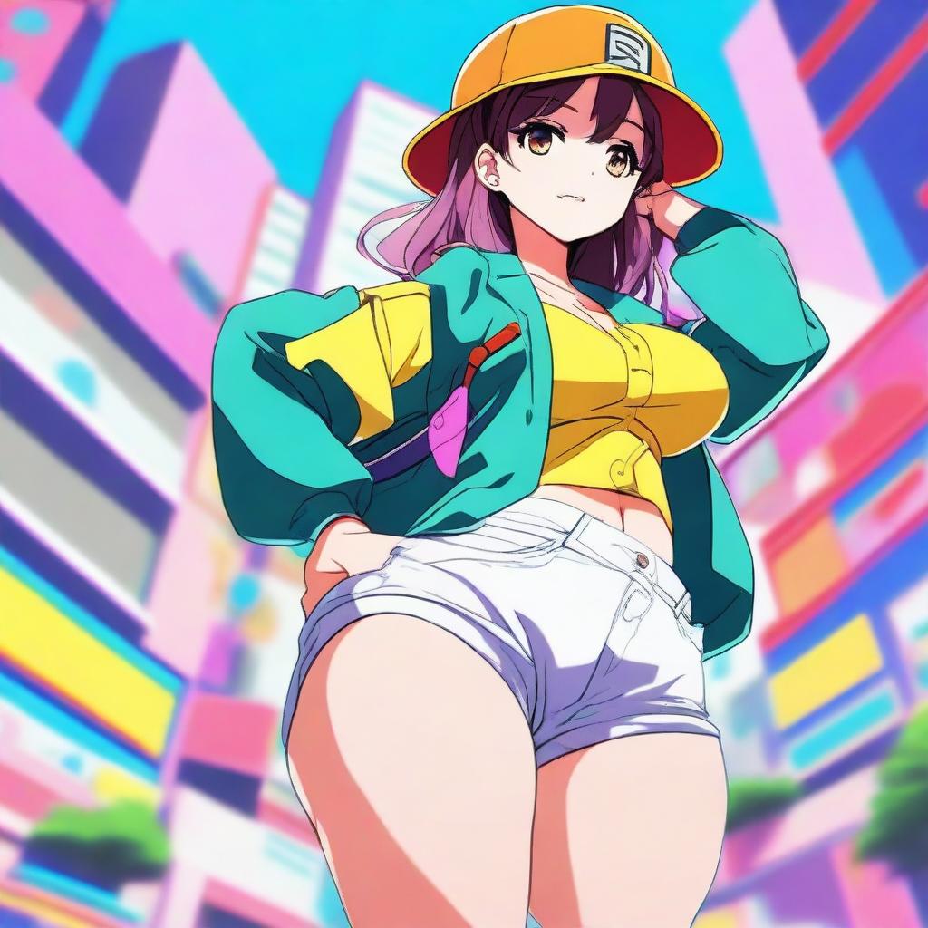 An anime-style girl with exaggeratedly large hips and buttocks, wearing a stylish outfit