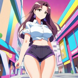 An anime-style girl with exaggeratedly large hips and buttocks, wearing a stylish outfit