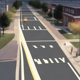 A detailed road complete with traffic signs, street lights, traffic signals, telephone poles, and sidewalks