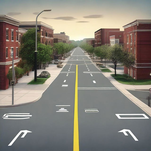 A detailed road complete with traffic signs, street lights, traffic signals, telephone poles, and sidewalks